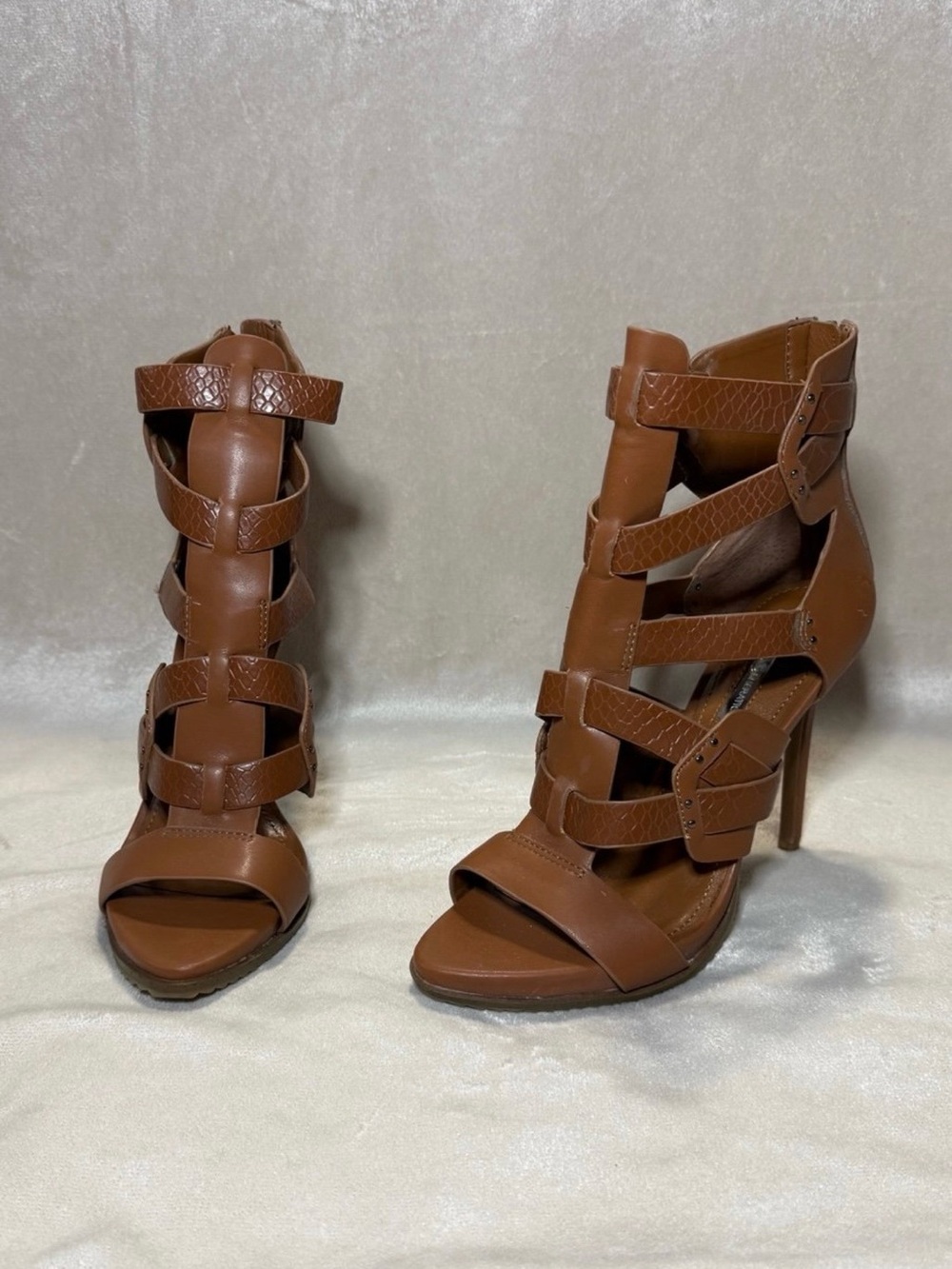 BCBG Brown Strappy Cutout Stiletto Sandals